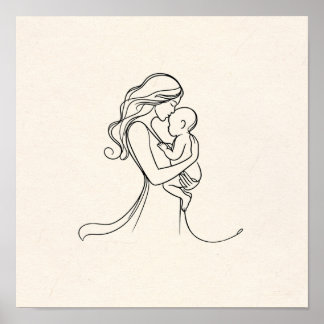 ママと赤ちゃんのミニマル ラインアート ポスター