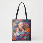 ママと赤ちゃんの女の子 カラフルな絵 トートバッグ (正面)