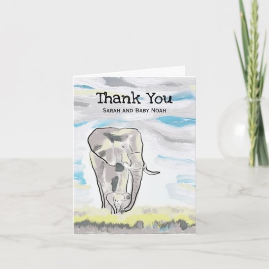 ママと赤ちゃんの象のベビーシャワー サンキューカード (正面)