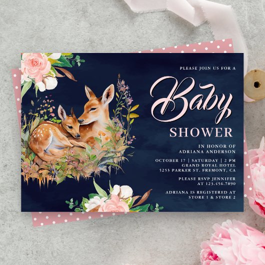 ママと赤ちゃんの鹿の花柄ネイビーブルーのベビーシャワー 招待状
