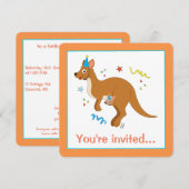 ママと赤ちゃんカンガルーたちの誕生日帽子 招待状 (正面/裏面)