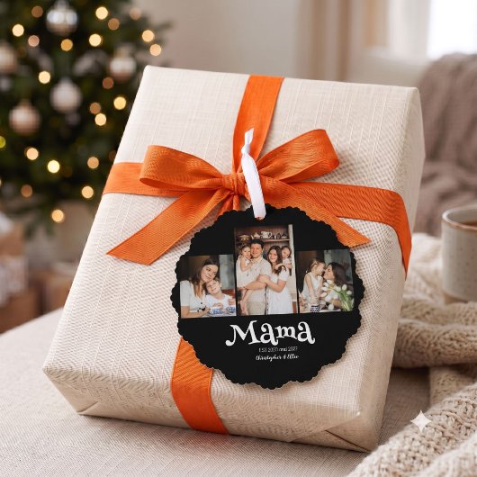 ママになりました 3枚の写真と子供の名前を入れる楽しいデザイン オーナメントカード