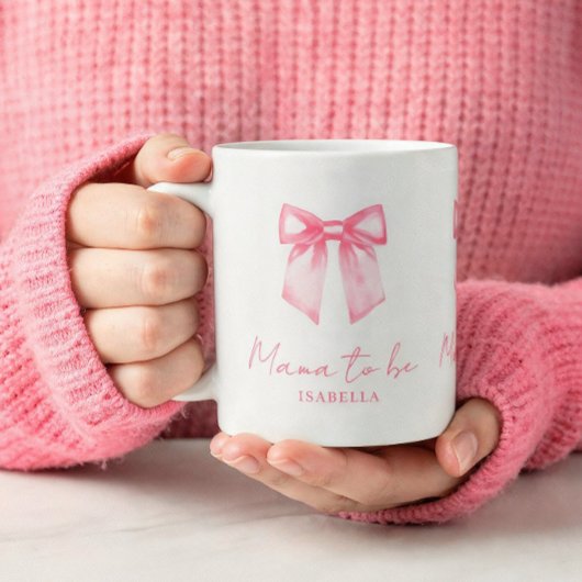 ママになる人へのモダンなピンクのリボンマグカップ（名入れ） コーヒーマグカップ