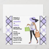 ママになる人（肌が濃い） 紫の格子柄 ベビーシャワー 招待状 (正面/裏面)