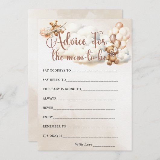 ママのためのアドバイス赤ちゃんシャワーゲームかわいいクマ 招待状 (正面/裏面)