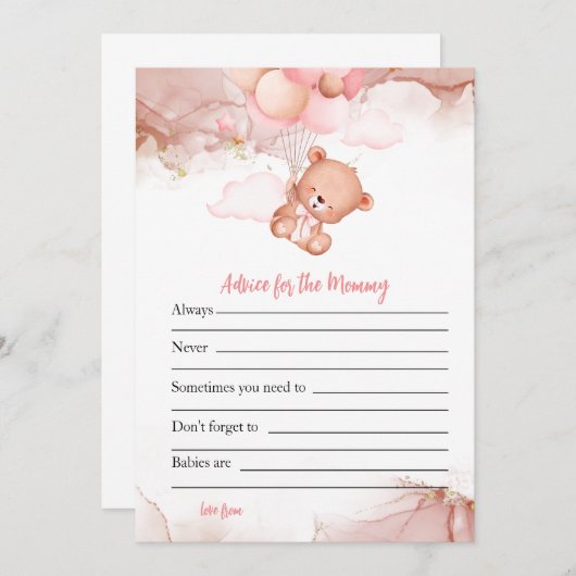 ママのためのピンクボホベアベビーシャワーゲームアドバイス 招待状 (正面/裏面)