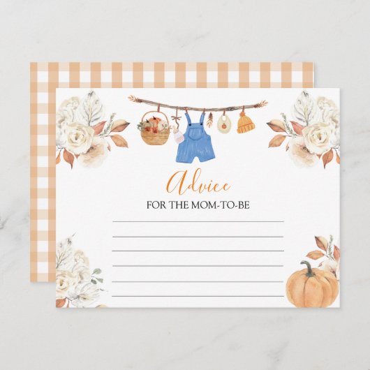 ママのための男の子服カボチャ赤ちゃんシャワーアドバイス エンクロージャーカード (正面/裏面)