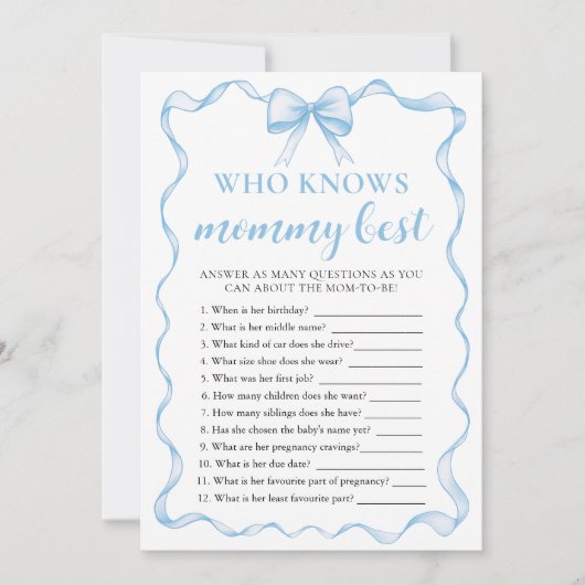 ママのゲームを知っているブルーボウ赤ちゃん最高のシャワー 招待状 (正面)