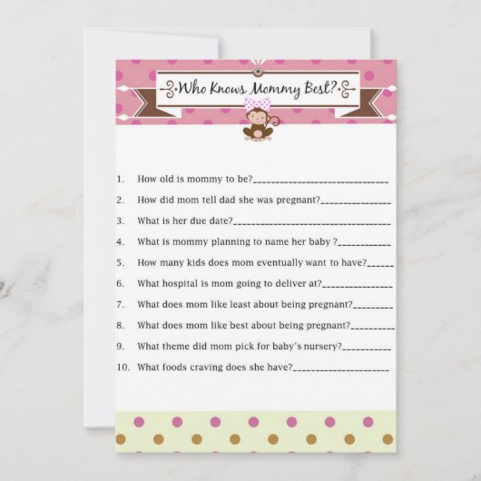 ママのゲームを知るサルの少女のベビー最高のシャワー 招待状 (正面)