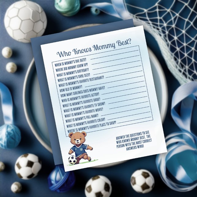 ママのゲームを知る男の子サッカーの赤最高のんシャワー (Cute Blue Teddy Bear Soccer Player Boy Baby Shower "Who Knows Mommy Best?" Game Card)
