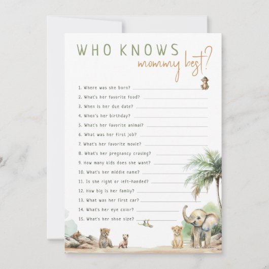 ママのゲームカードを知る最高のサファリ動物 招待状 (正面)