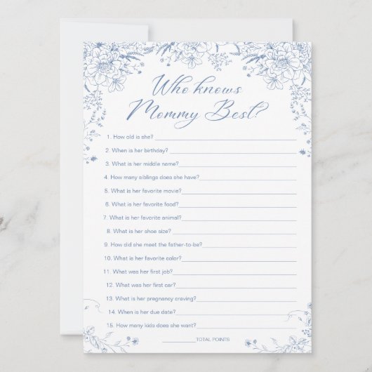 ママのゲームカードを知る青最高の赤ちゃんシャワー 招待状 (正面)