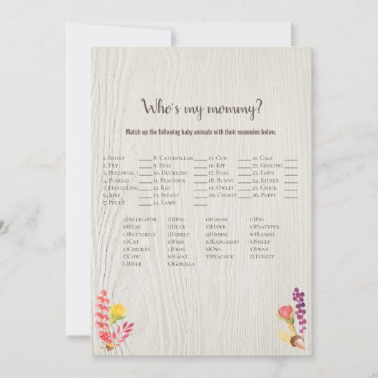 ママのシャワーゲームの秋の森の動物 招待状 (正面)