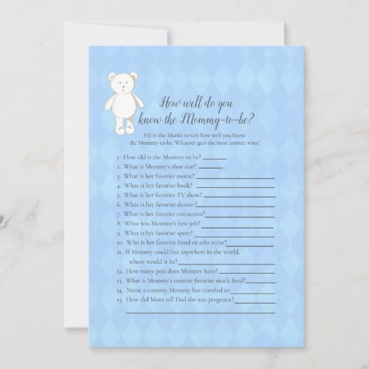 ママのシャワーゲームを知っている白いテディ最高のベアー 招待状 (正面)