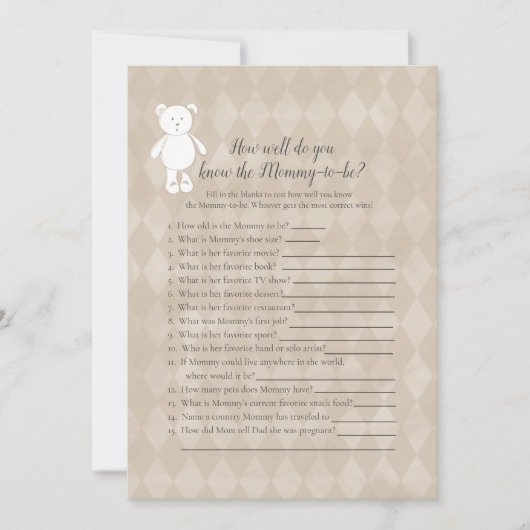 ママのシャワーゲームを知っている白いテディ最高のベアー 招待状 (正面)