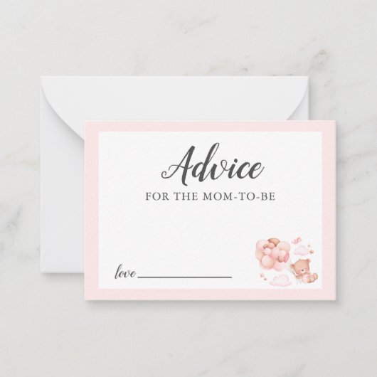 ママのピンクのテディベアのベビーシャワー用アドバイス ノートカード (正面)