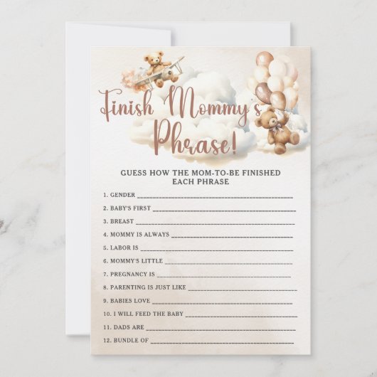 ママのフレーズを終える赤ちゃんシャワーゲームかわいいクマ 招待状 (正面)