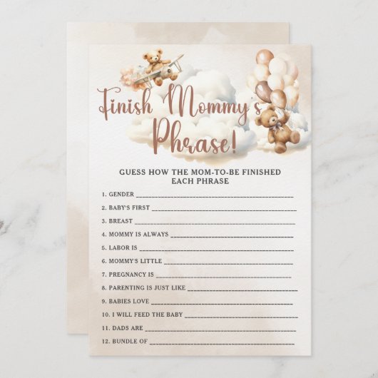 ママのフレーズを終える赤ちゃんシャワーゲームかわいいクマ 招待状 (正面/裏面)