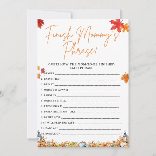 ママのフレーズを終える赤ちゃんシャワーゲームパンプキン 招待状 (正面)