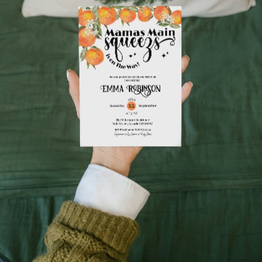 ママのメインスクイーズベイビーシャワーオレンジウォーターカラー 招待状