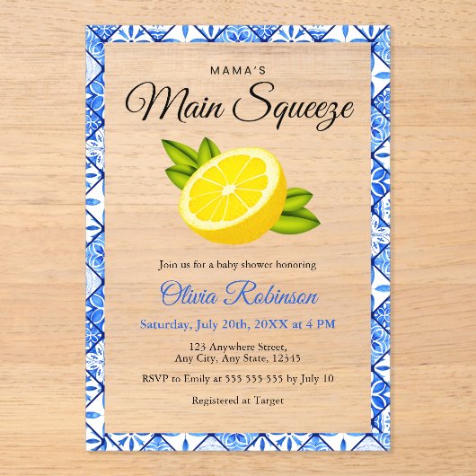 ママのメイン絞りブルータイルレモンベビーシャワー アクリル招待状 (正面)