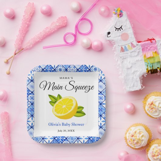 ママのメイン絞りブルータイルレモンベビーシャワー ペーパープレート (パーティー)