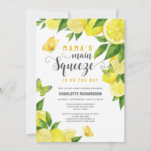 ママのメイン絞りレモンバタフライベビーシャワー 招待状 (正面)