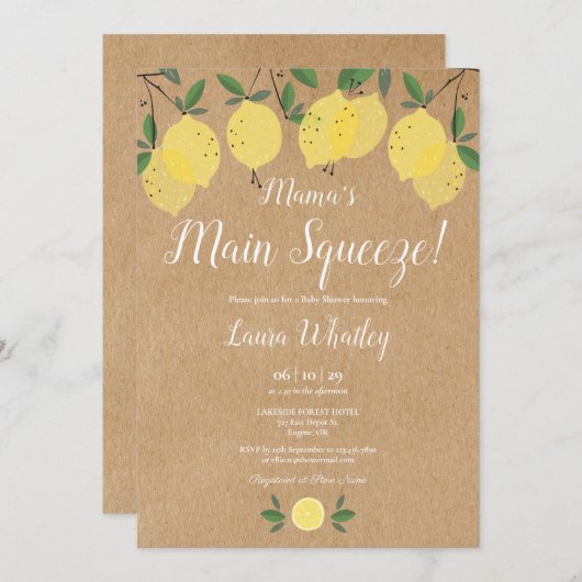 ママのメイン絞りレモン素朴赤ちゃんシャワー 招待状 (正面/裏面)
