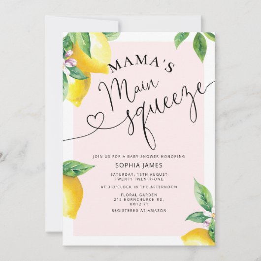 ママのメイン絞りレモン赤ちゃんシャワー招待 招待状 (正面)