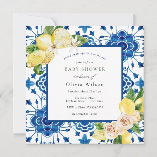 ママのメイン絞りレモン赤ちゃんシャワー 招待状 (正面)
