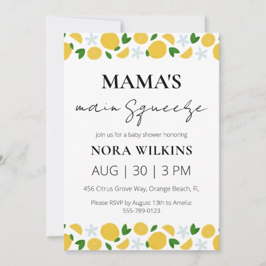 ママの主な絞り柑橘系ベビーシャワーの招待 招待状 (正面)