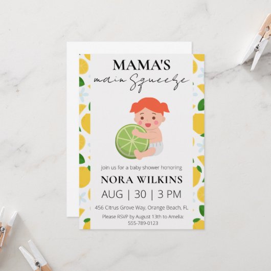 ママの主な絞り柑橘系ベビーシャワーの招待 招待状 (正面/裏面インサイチュ)