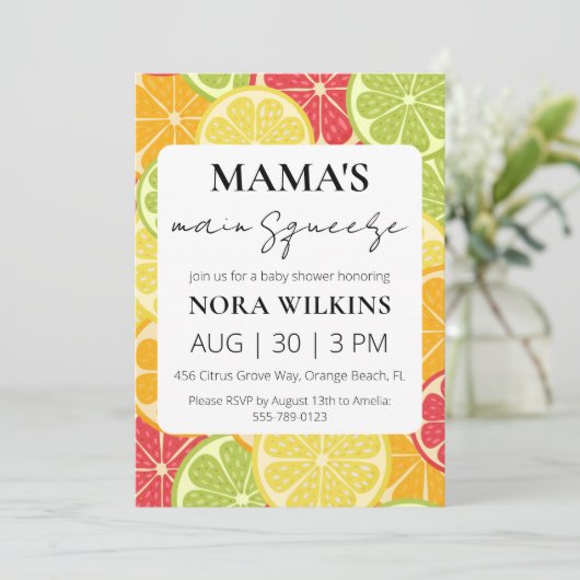 ママの主な絞り柑橘系ベビーシャワーの招待 招待状 (スタンド正面)
