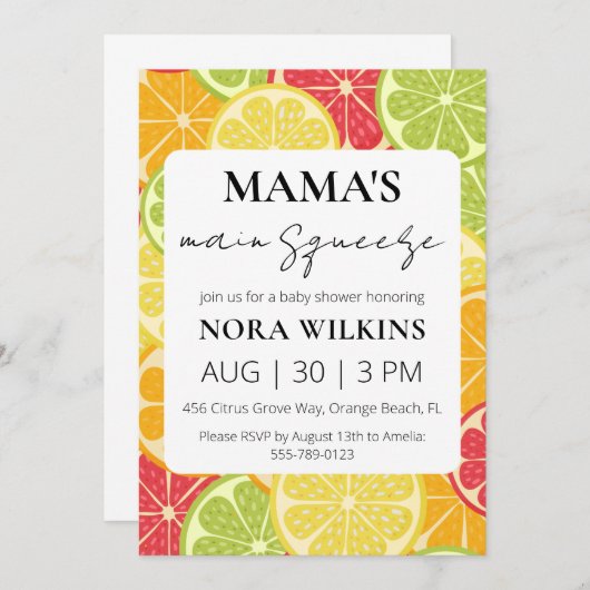 ママの主な絞り柑橘系ベビーシャワーの招待 招待状 (正面/裏面)