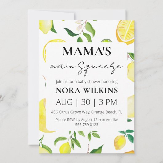 ママの主な絞り柑橘系ベビーシャワーの招待 招待状 (正面)