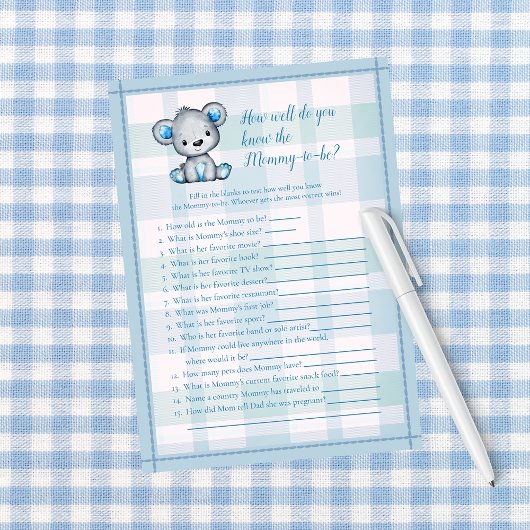 ママの気持ちが1番わかるのは誰?ベビーシャワーパーティーゲーム グレーくまBOY 招待状