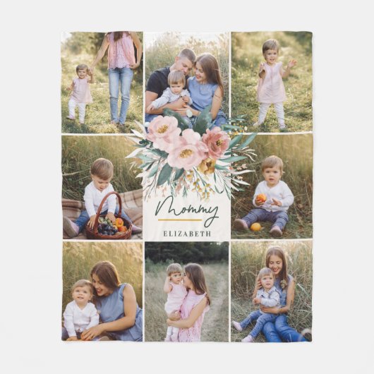 ママの贈り物8フォトピンクガーリーの水色フローラ フリースブランケット (正面)