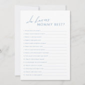 ママの赤ちゃんシャワーのゲームカードを知っているほこりっぽいブルー 招待状 (正面)