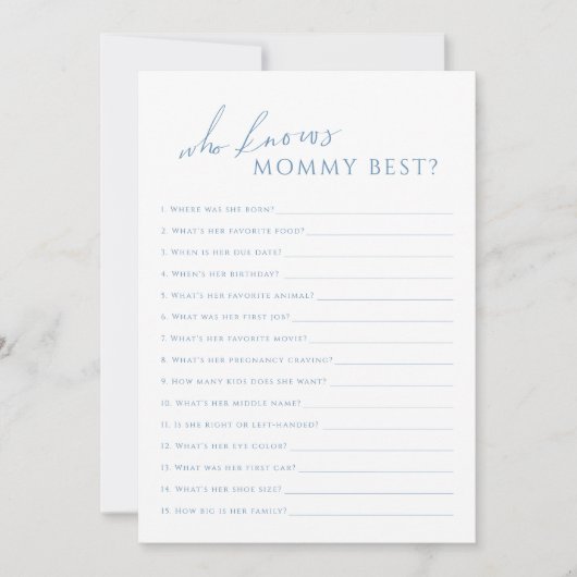 ママの赤ちゃんシャワーのゲームカードを知っているほこりっぽいブルー 招待状 (正面)