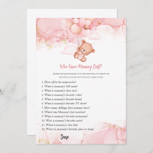 ママの赤ちゃんシャワーを知るピンク最高ののボホクマ 招待状 (正面/裏面)