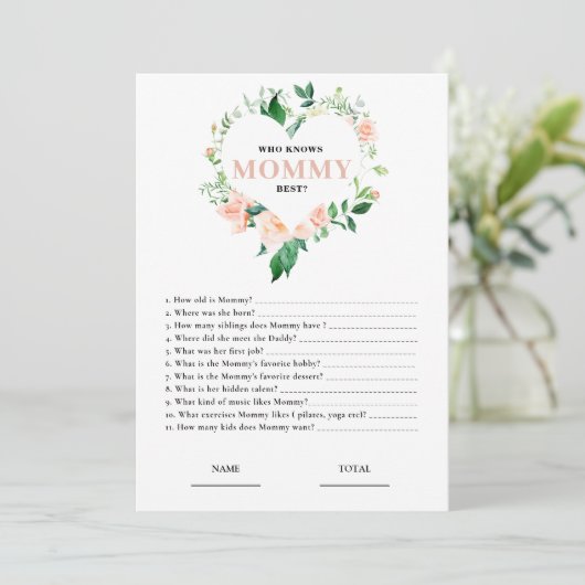 ママの赤ちゃんシャワー最高のゲームを知っているピンクのフローラ 招待状 (スタンド正面)