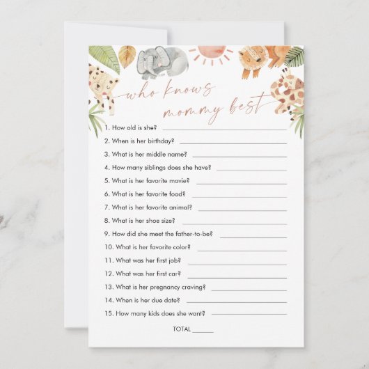 ママの赤ちゃんシャワー最高のゲームを知るサファリ 招待状 (正面)