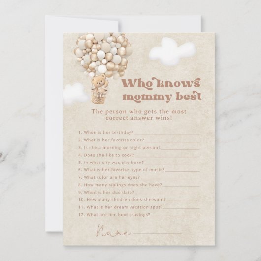 ママの赤ちゃんシャワー最高のゲームを知るテディベア 招待状 (正面)