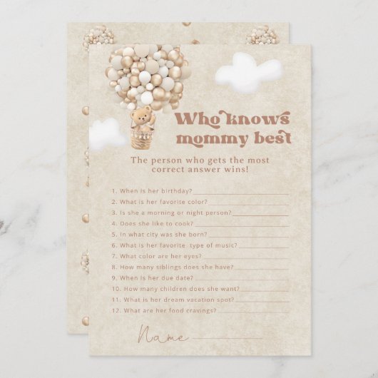 ママの赤ちゃんシャワー最高のゲームを知るテディベア 招待状 (正面/裏面)