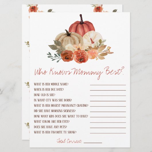 ママの赤ちゃんシャワー最高のゲームを知る恋の秋 招待状 (正面/裏面)