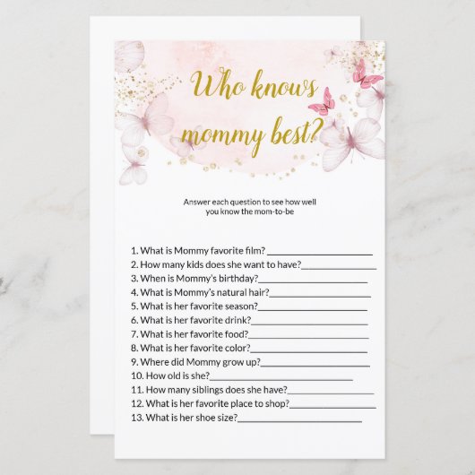 ママの赤ちゃんシャワー最高のゲームを知る蝶 (正面/裏面)