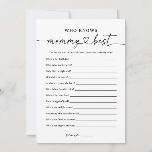 ママの赤ちゃんシャワー最高のゲームを知る黒い脚本 招待状 (正面)