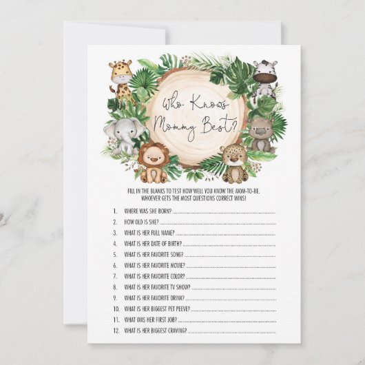 ママの赤ちゃんシャワー最高のゲームカードを知るジャングル 招待状 (正面)