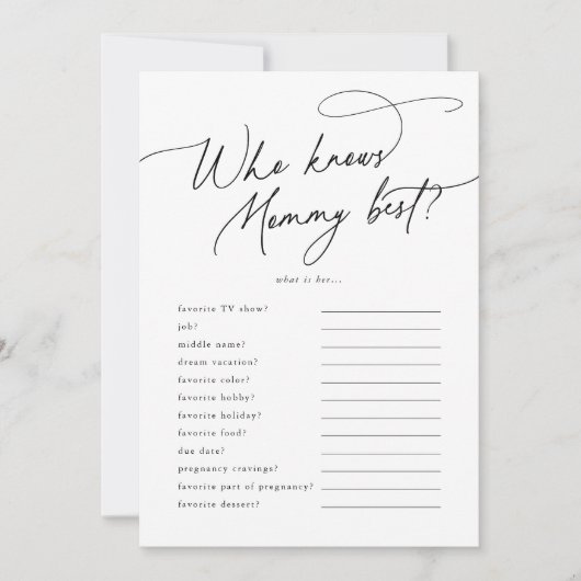 ママの赤ちゃんシャワー最高のゲームカードを知るダーシー 招待状 (正面)