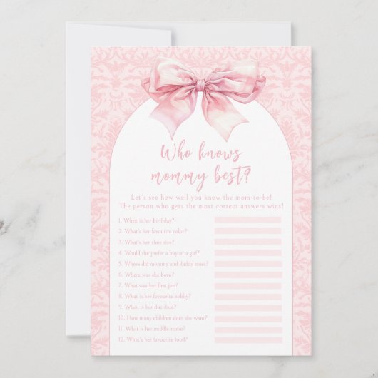 ママの赤ちゃん女の子のゲ最高のームカードを知っているピンクの弓 招待状 (正面)